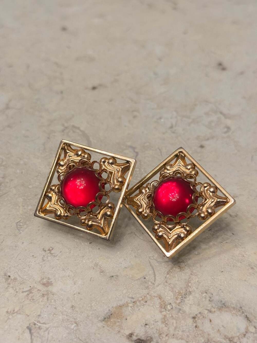Vintage Gold Tone Square Filigree Clip on Earings Red Lucite